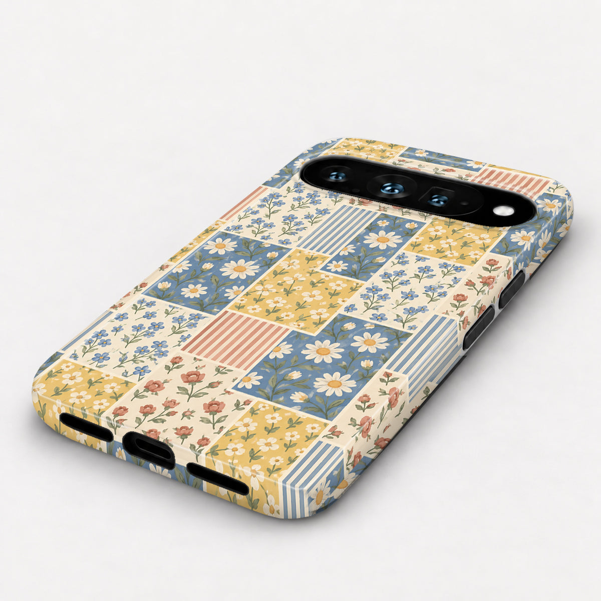 Blue and Yellow Daisy Floral Patchwork Google Pixel Case - angled bottom view