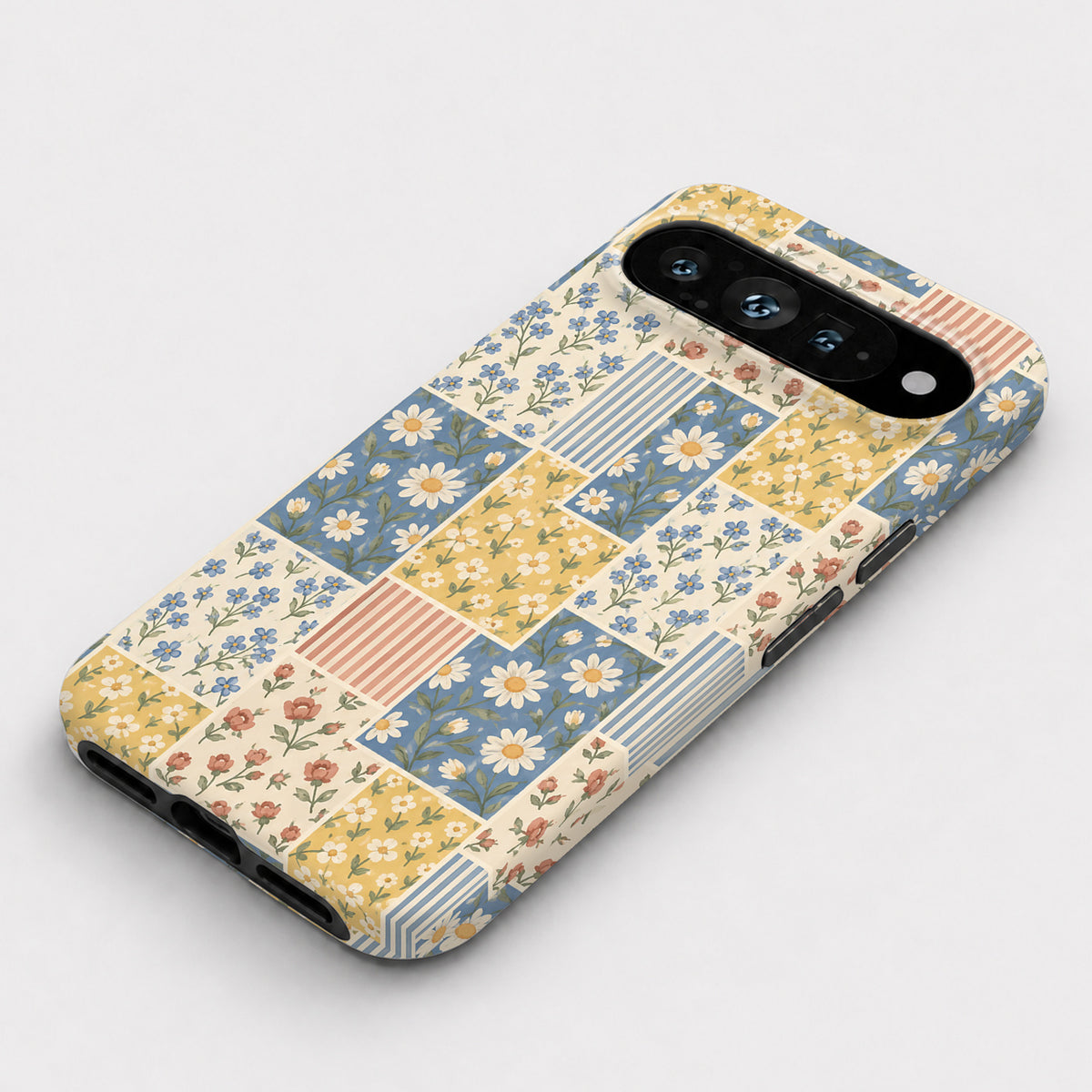 Blue and Yellow Daisy Floral Patchwork Google Pixel Case - flat angled view