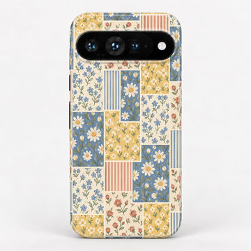 Blue and Yellow Daisy Floral Patchwork Google Pixel Case - centered back view