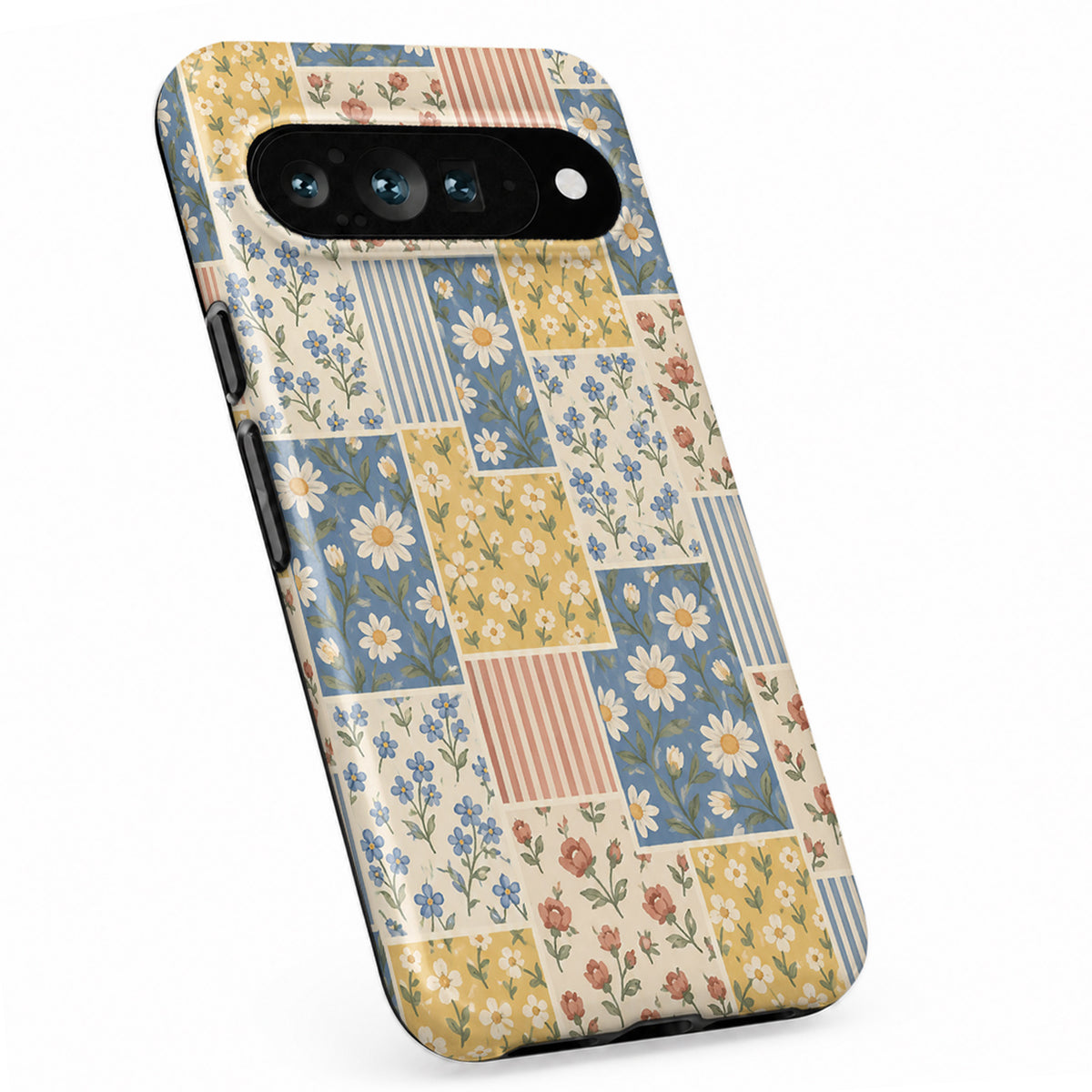 Blue and Yellow Daisy Floral Patchwork Google Pixel Case - standing angled view