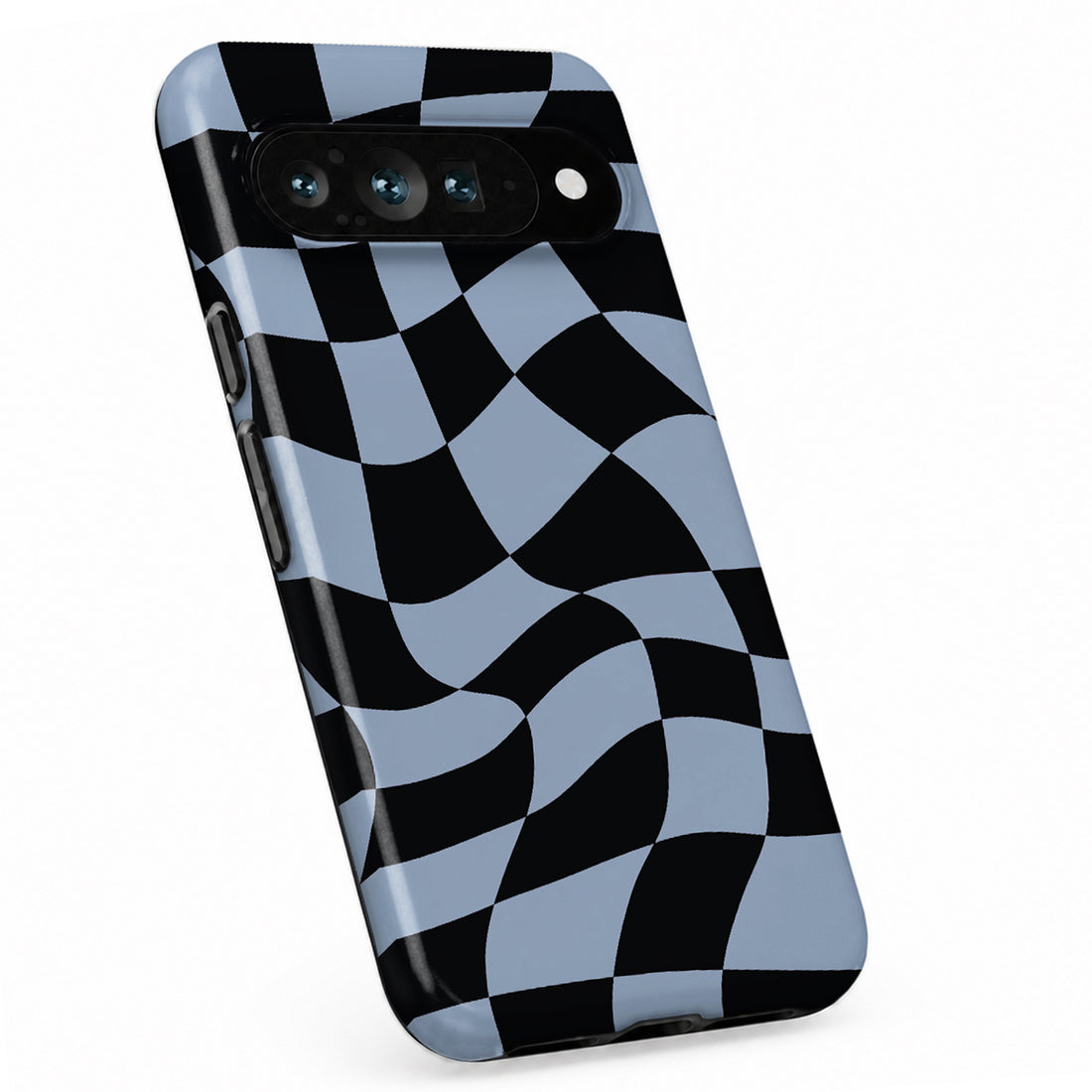 Blue Black Wavy Checkerboard Google Pixel case with repeating checkerboard blocks
