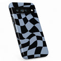 Blue Black Wavy Checkerboard Google Pixel case with repeating checkerboard blocks
