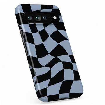 Blue Black Wavy Checkerboard Google Pixel case with repeating checkerboard blocks
