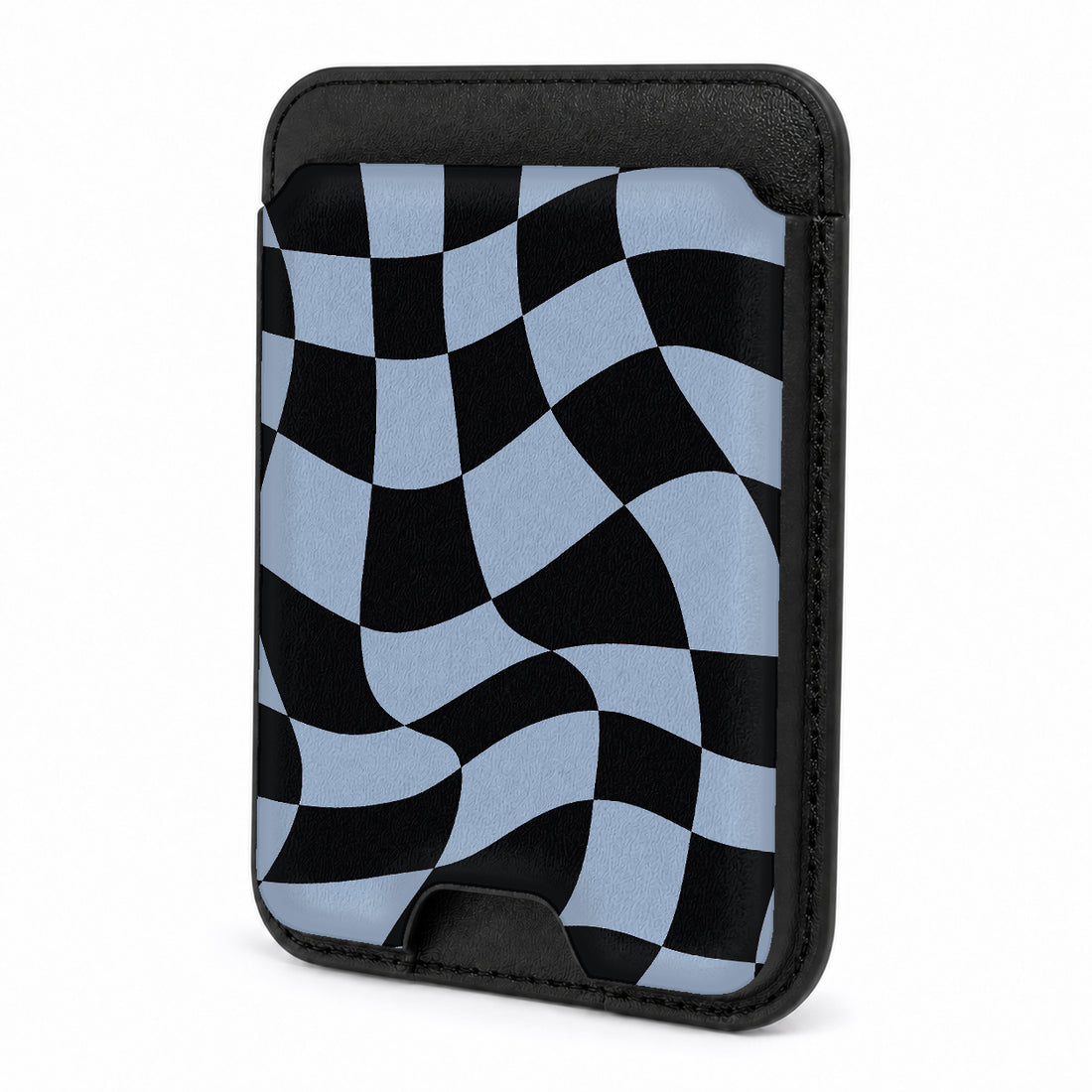 Front view of the Blue Black Wavy Checkerboard MagSafe card holder on a white background