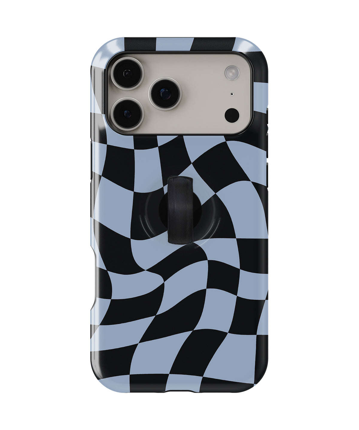 Blue Black Wavy Checkerboard MagSafe Loop iPhone Case with built-in finger loop closed