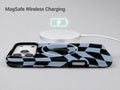 Blue Black Wavy Checkerboard MagSafe Loop iPhone Case shown with a MagSafe-compatible wireless charger attached