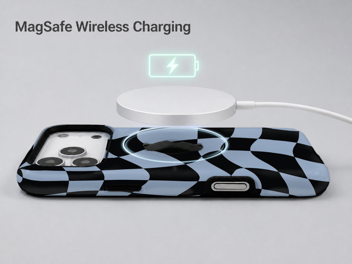 Blue Black Wavy Checkerboard MagSafe Loop iPhone Case shown with a MagSafe-compatible wireless charger attached