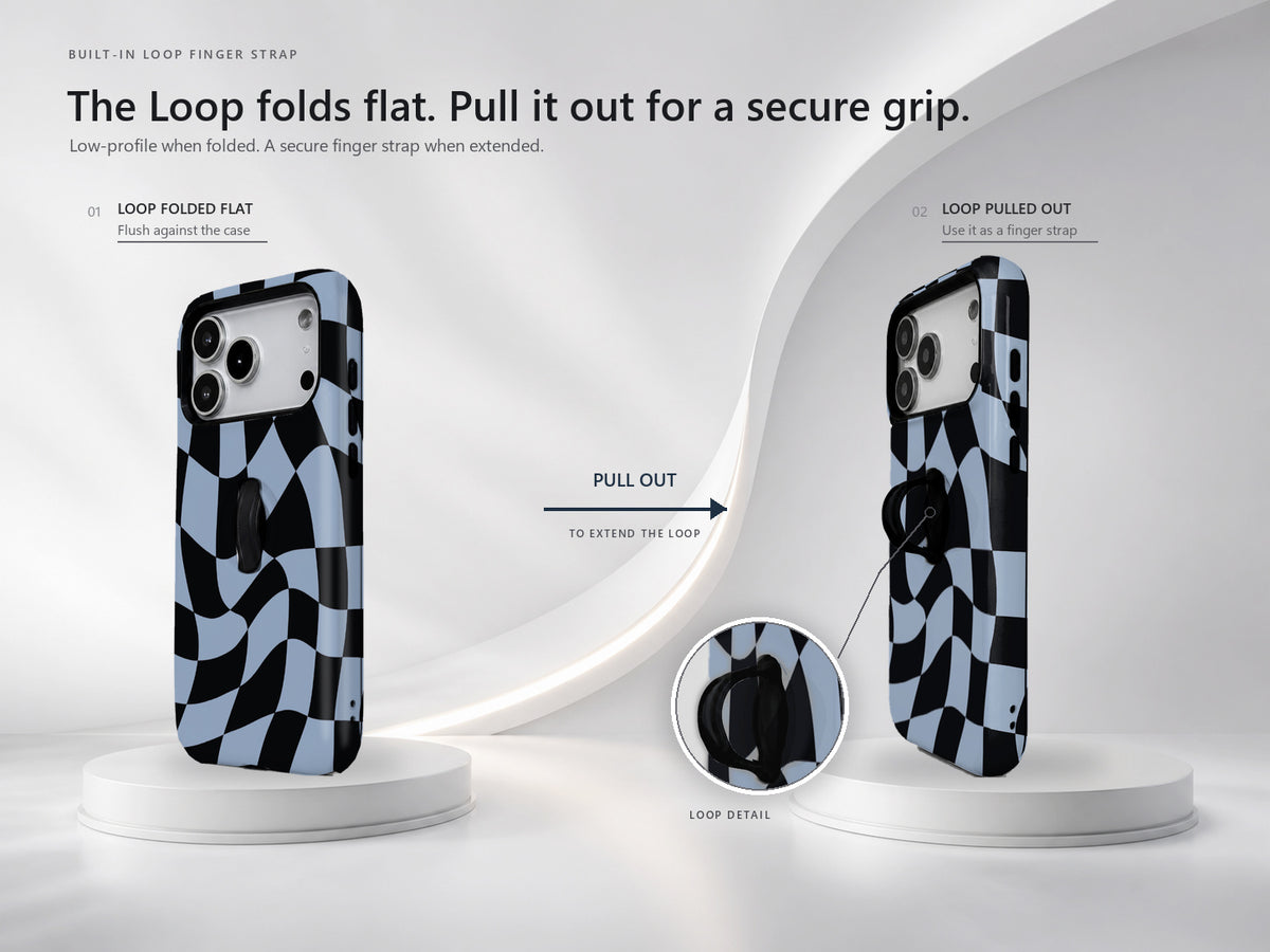 Blue Black Wavy Checkerboard MagSafe Loop iPhone Case side view showing the built-in finger loop