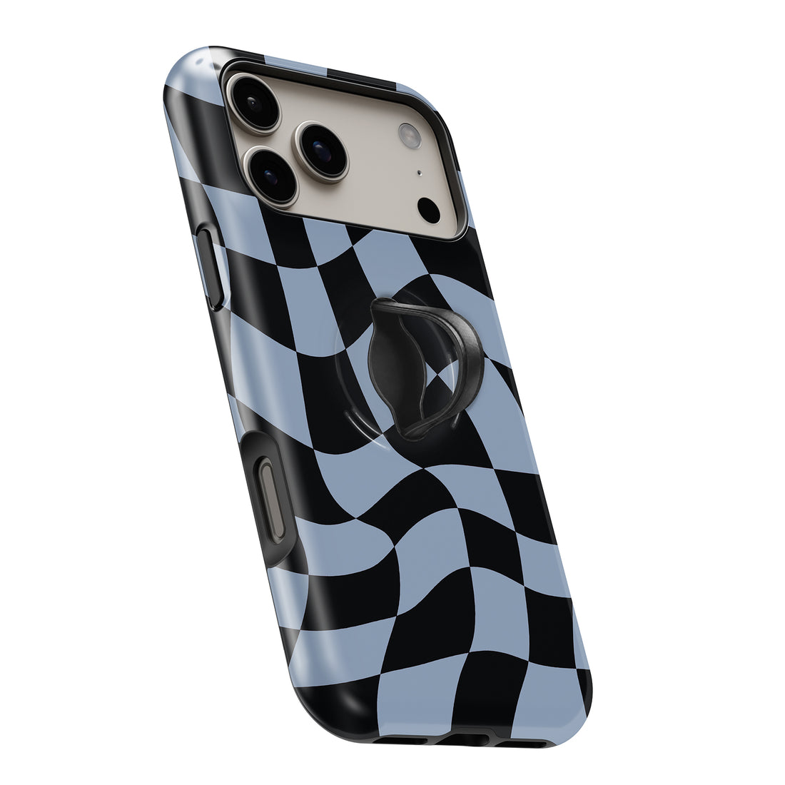 Blue Black Wavy Checkerboard MagSafe Loop iPhone case with built-in finger loop open