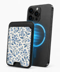 Blue Botanical Floral MagSafe Card Holder, magnetic attachment to a compatible iPhone