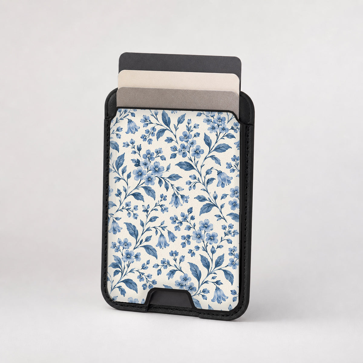 Blue Botanical Floral MagSafe Card Holder, card storage shown with cards