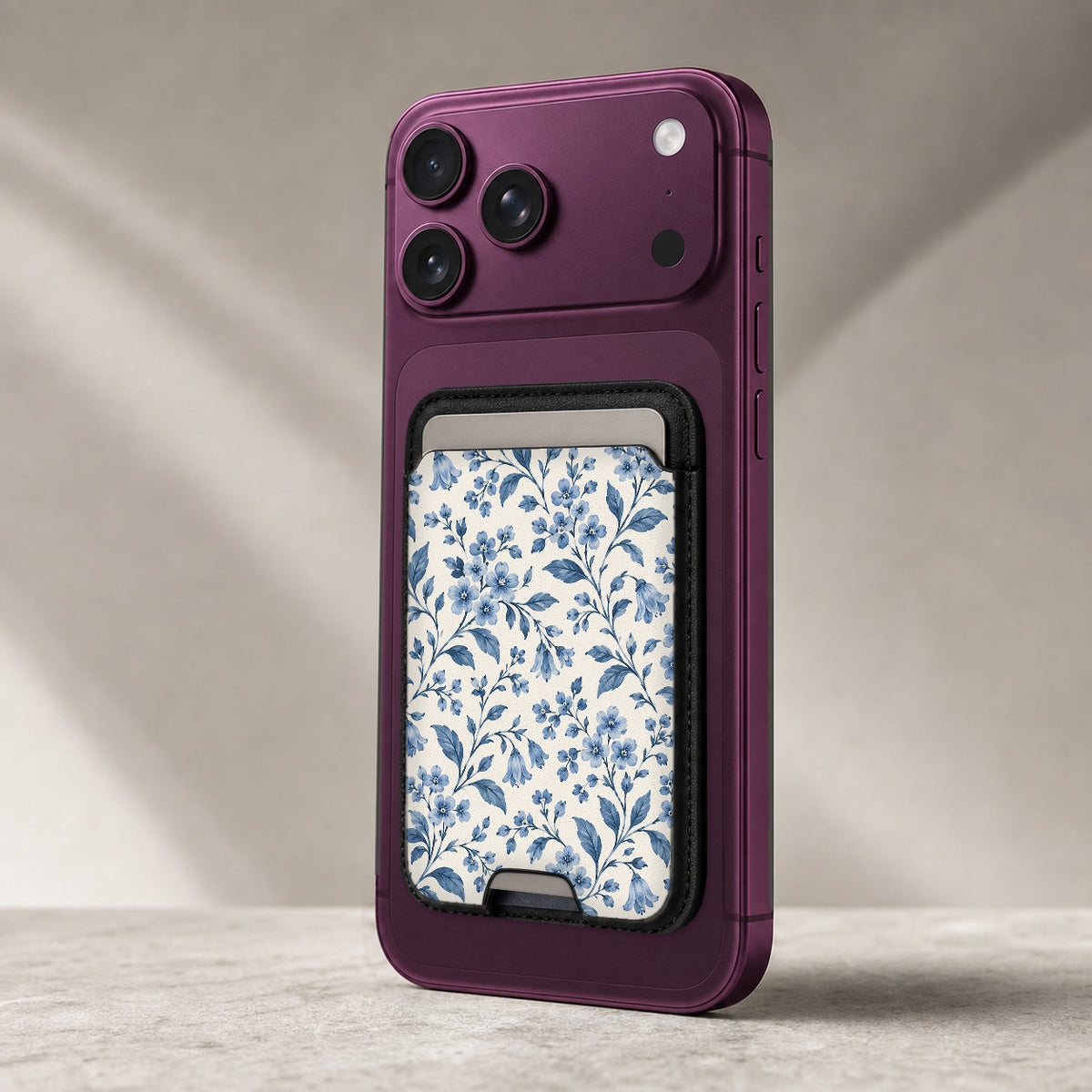 Blue Botanical Floral MagSafe Card Holder, attached to a compatible phone