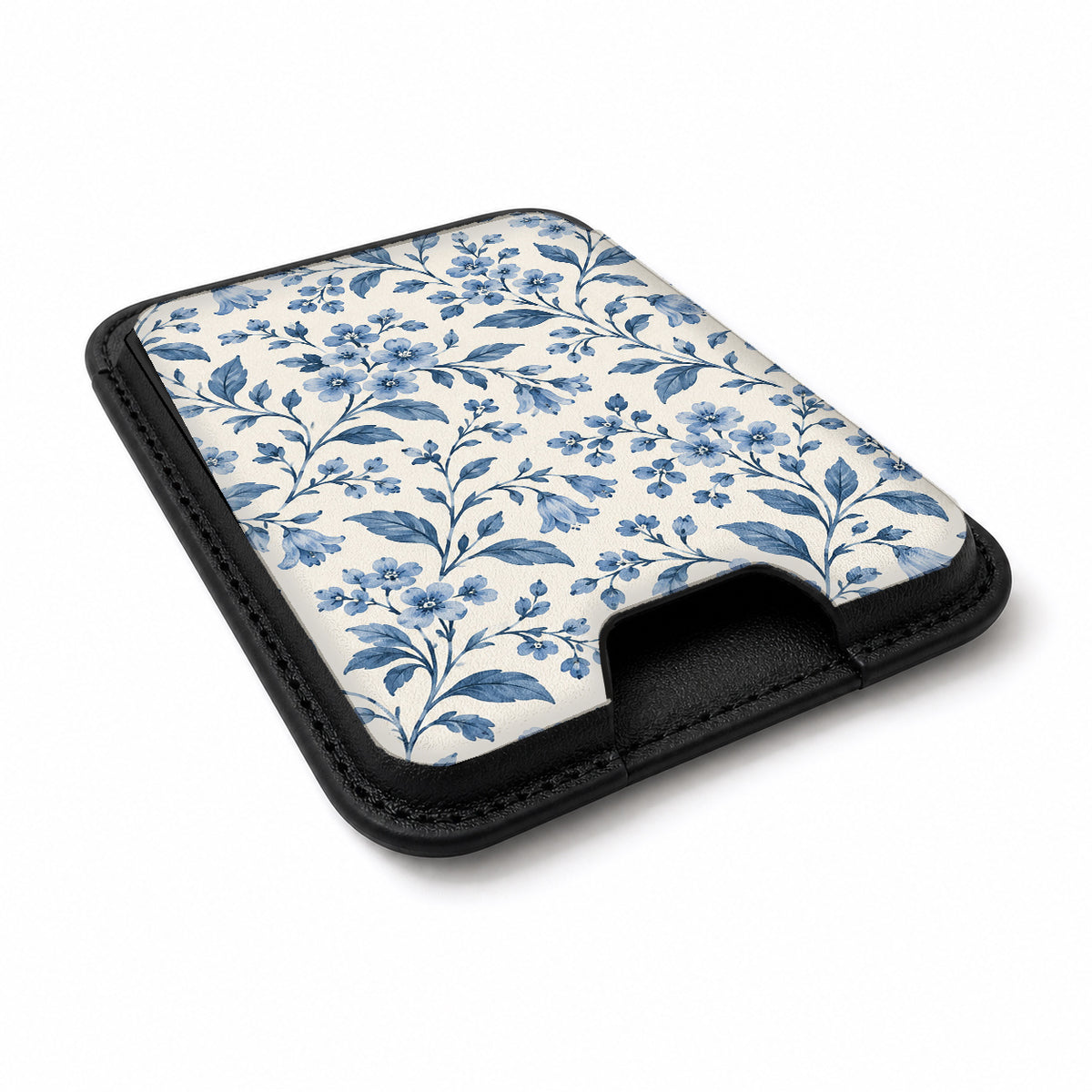Blue Botanical Floral MagSafe Card Holder, angled view showing the thumb access opening