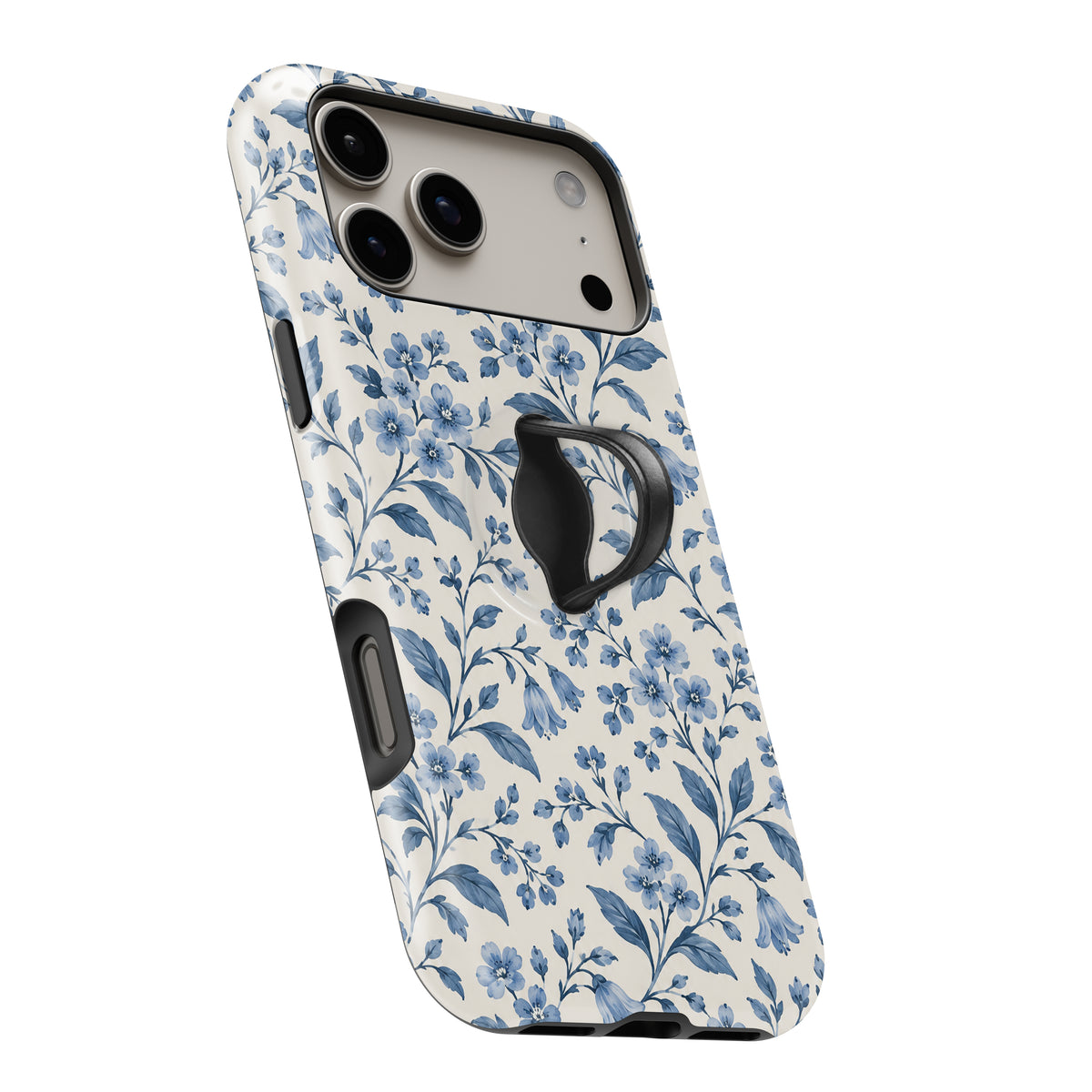 Blue Botanical Floral MagSafe Loop Case, angled view with finger loop extended