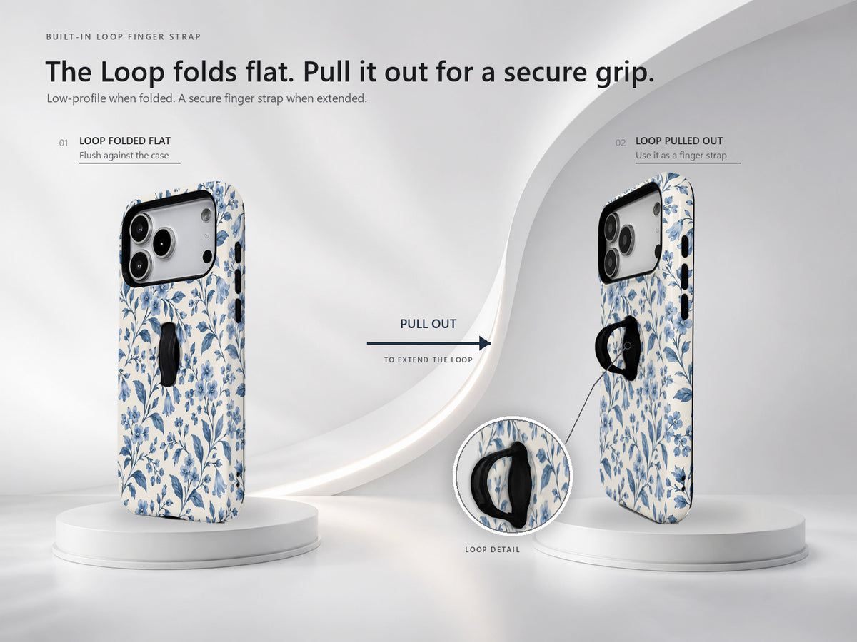 Blue Botanical Floral MagSafe Loop Case, finger loop folded and extended positions