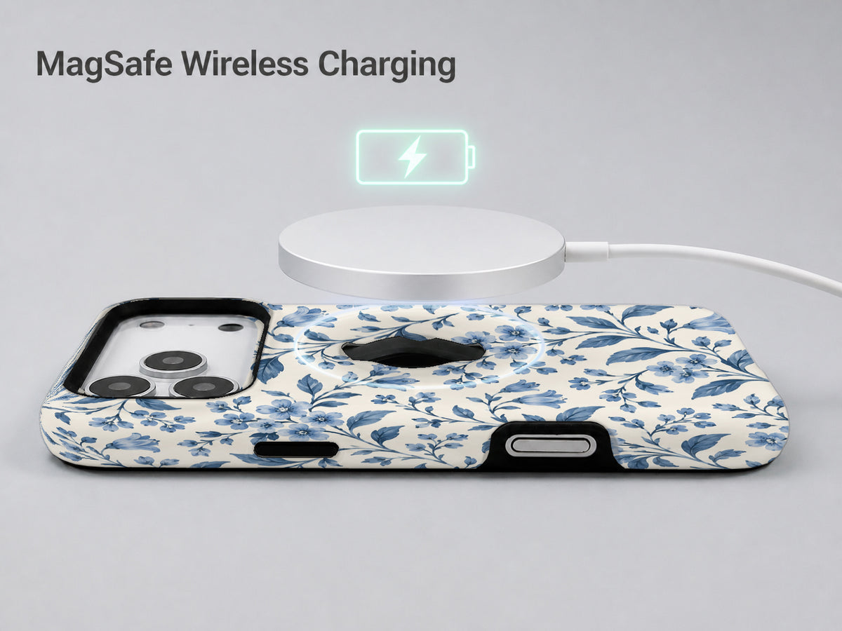 Blue Botanical Floral MagSafe Loop Case, shown with a MagSafe wireless charger