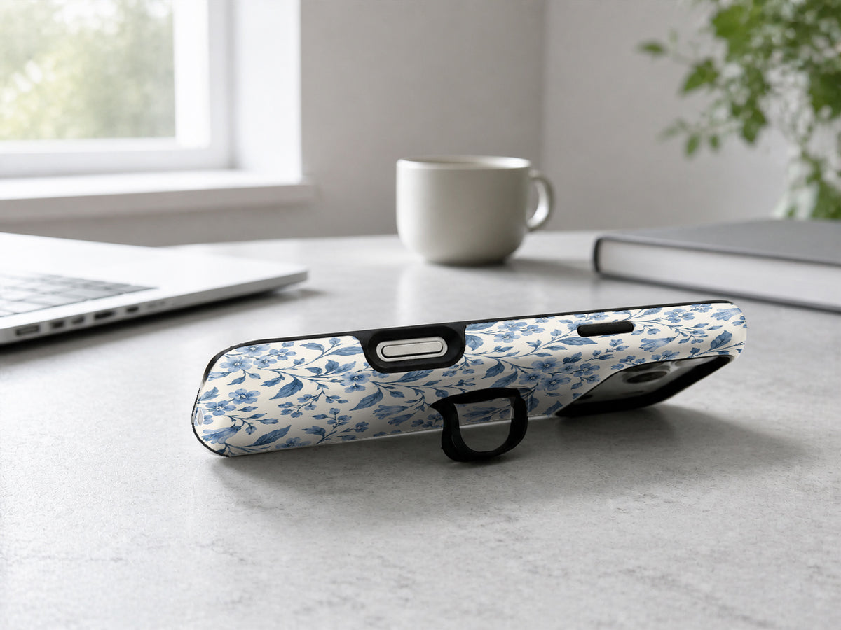 Blue Botanical Floral MagSafe Loop Case, shown as a hands-free kickstand