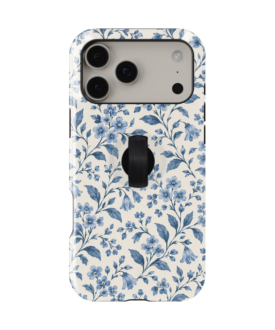 Blue Botanical Floral MagSafe Loop Case, rear view with finger loop folded flat
