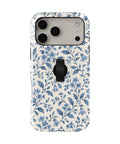 Blue Botanical Floral MagSafe Loop Case, rear view with finger loop folded flat