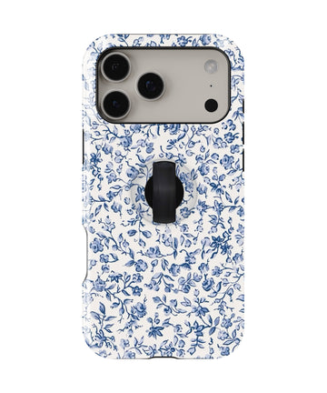 Blue Chinoiserie Floral MagSafe Loop iPhone Case with built-in finger loop closed