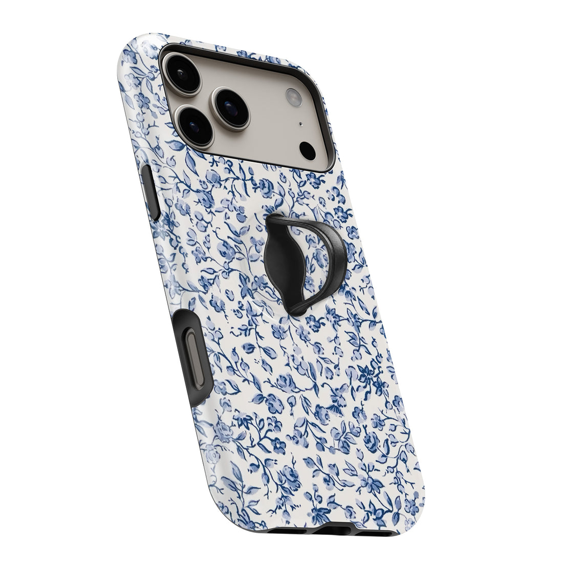 Blue and white floral MagSafe Loop iPhone case with the built-in finger loop open