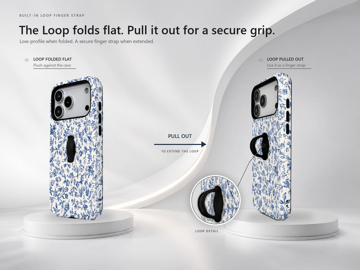 Blue Chinoiserie Floral MagSafe Loop iPhone Case side view showing the built-in finger loop