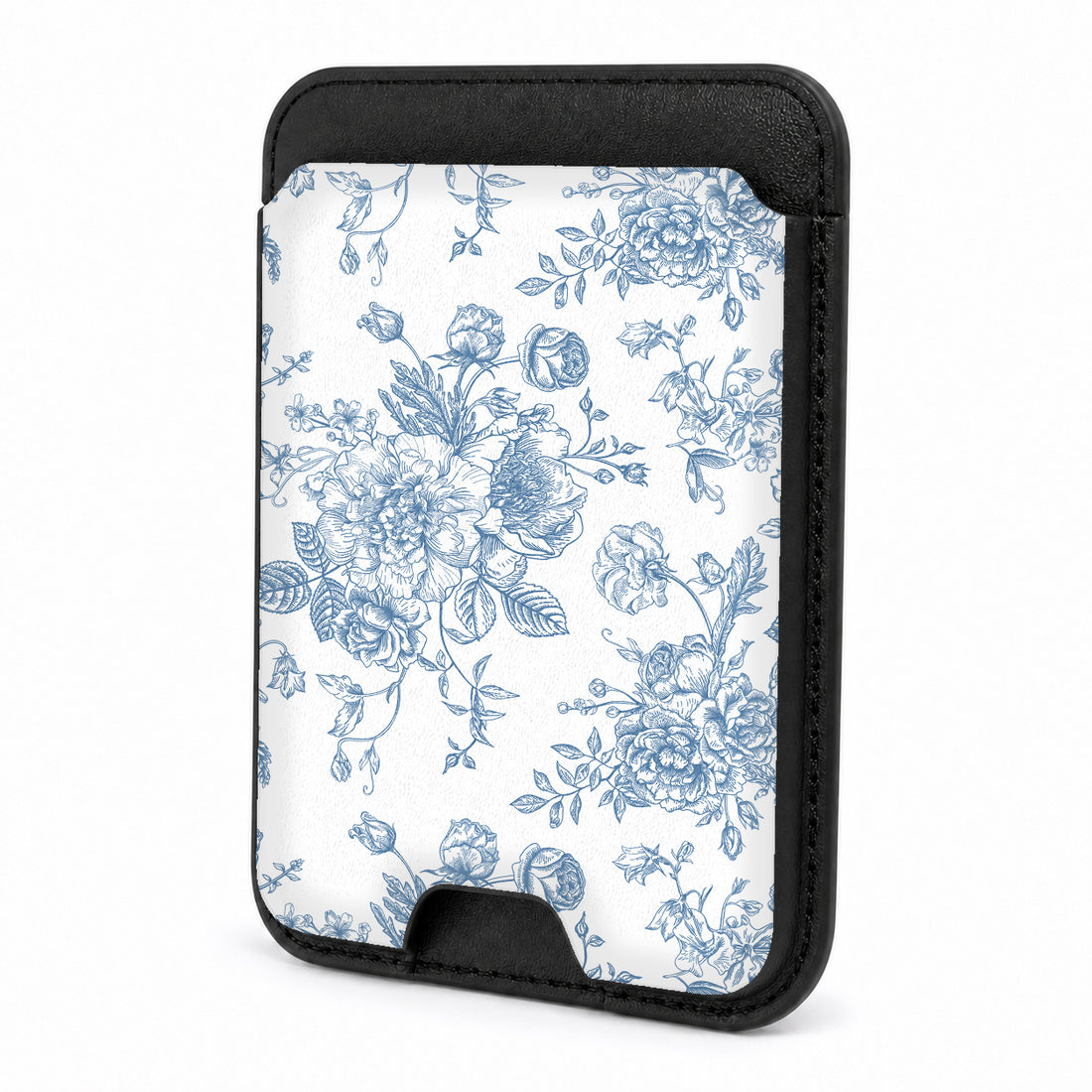 Front view of the Blue Chinoiserie Rose MagSafe card holder on a white background