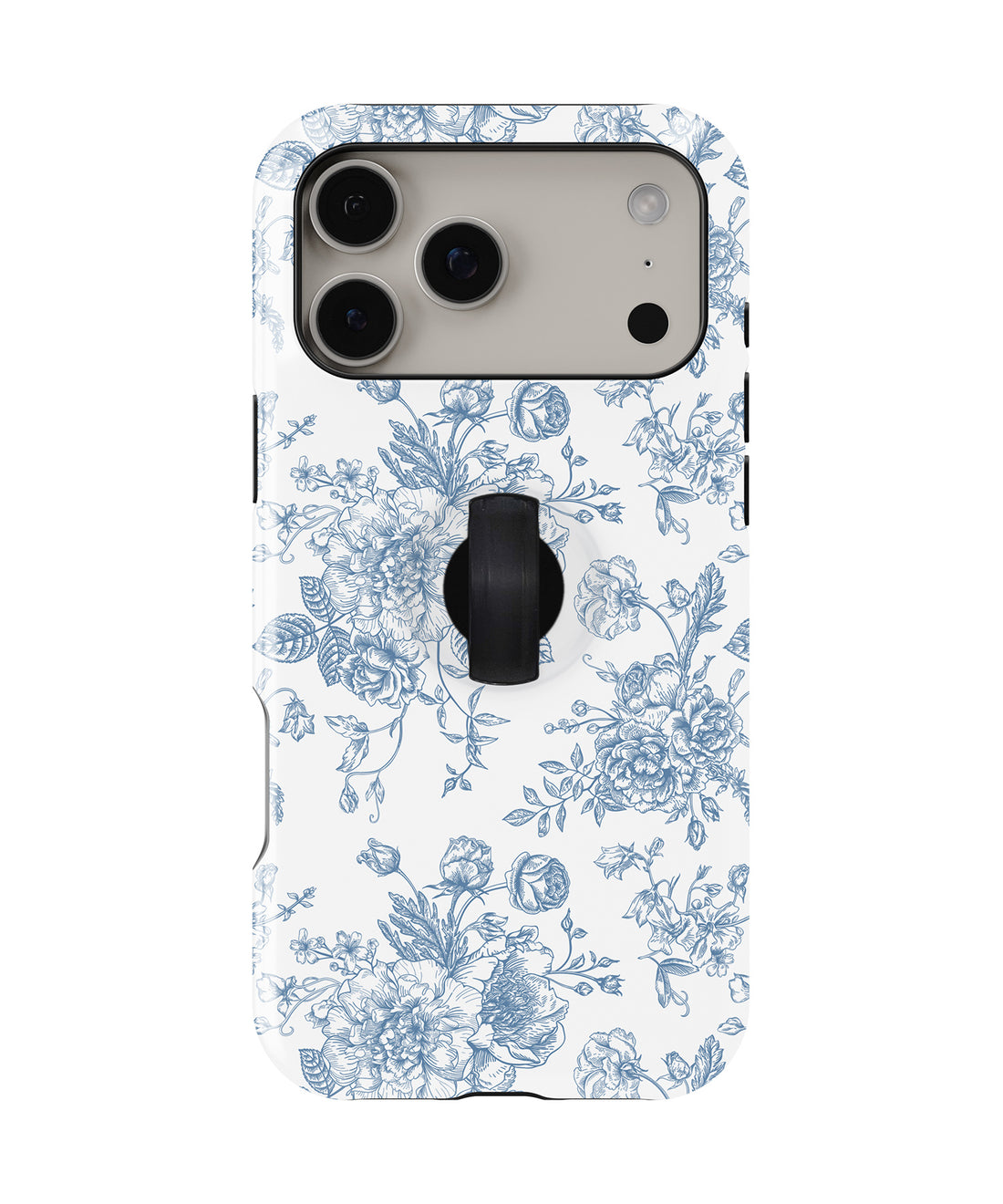 Blue Chinoiserie Rose MagSafe Loop iPhone Case with built-in finger loop closed