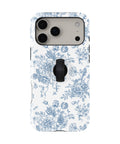 Blue Chinoiserie Rose MagSafe Loop iPhone Case with built-in finger loop closed