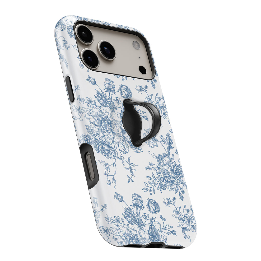 Blue Chinoiserie Rose MagSafe Loop iPhone case with built-in finger loop open