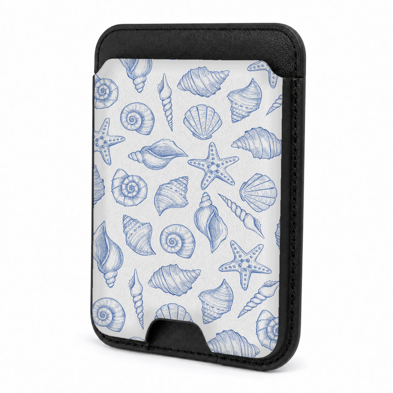 Front view of the Blue Coastal Seashell MagSafe card holder on a white background