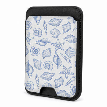 Front view of the Blue Coastal Seashell MagSafe card holder on a white background