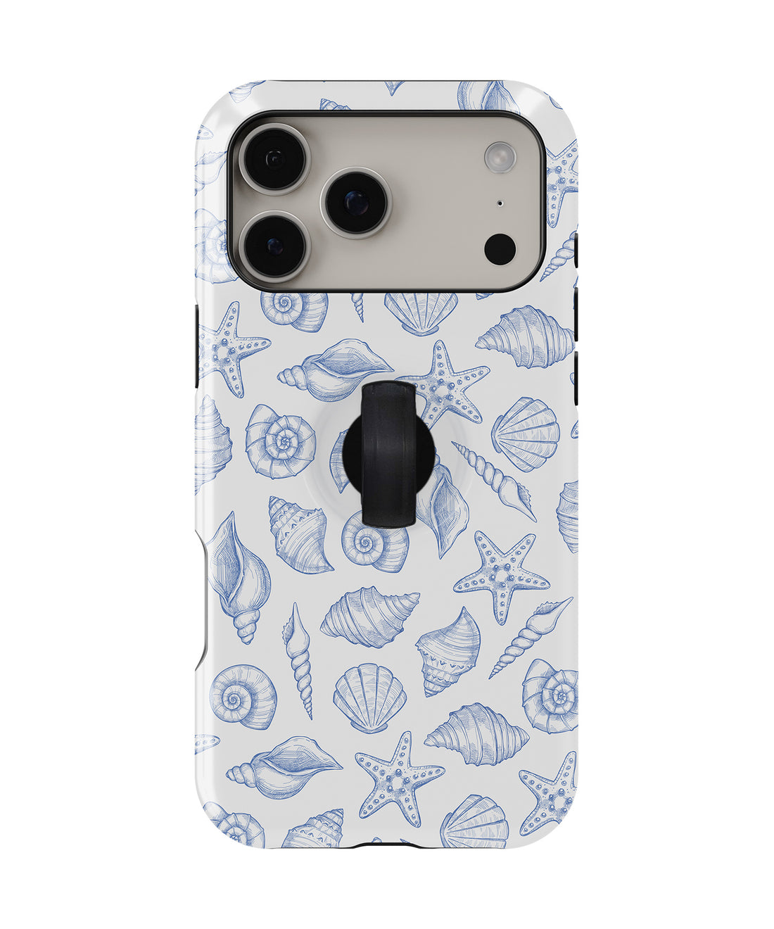 Blue Coastal Seashell MagSafe Loop iPhone Case with built-in finger loop closed