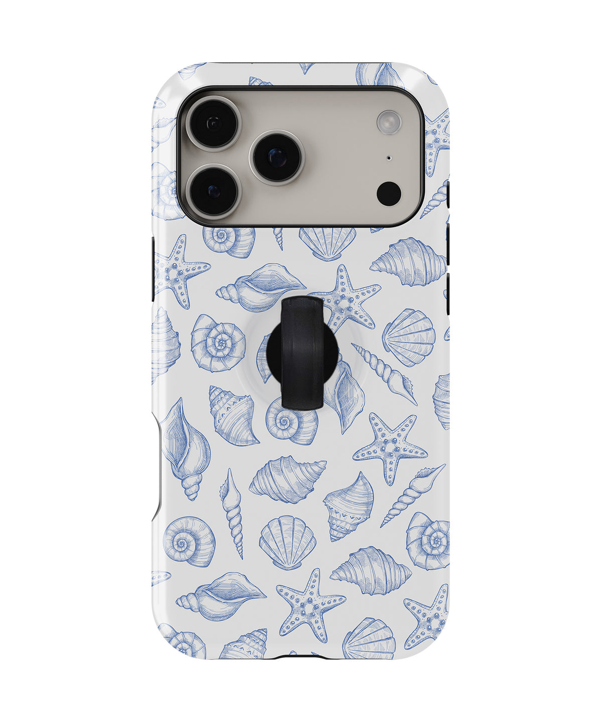 Blue Coastal Seashell MagSafe Loop iPhone Case with built-in finger loop closed