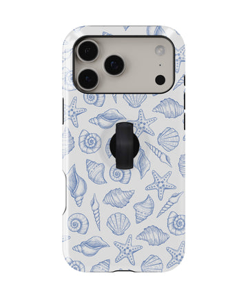 Blue Coastal Seashell MagSafe Loop iPhone Case with built-in finger loop closed