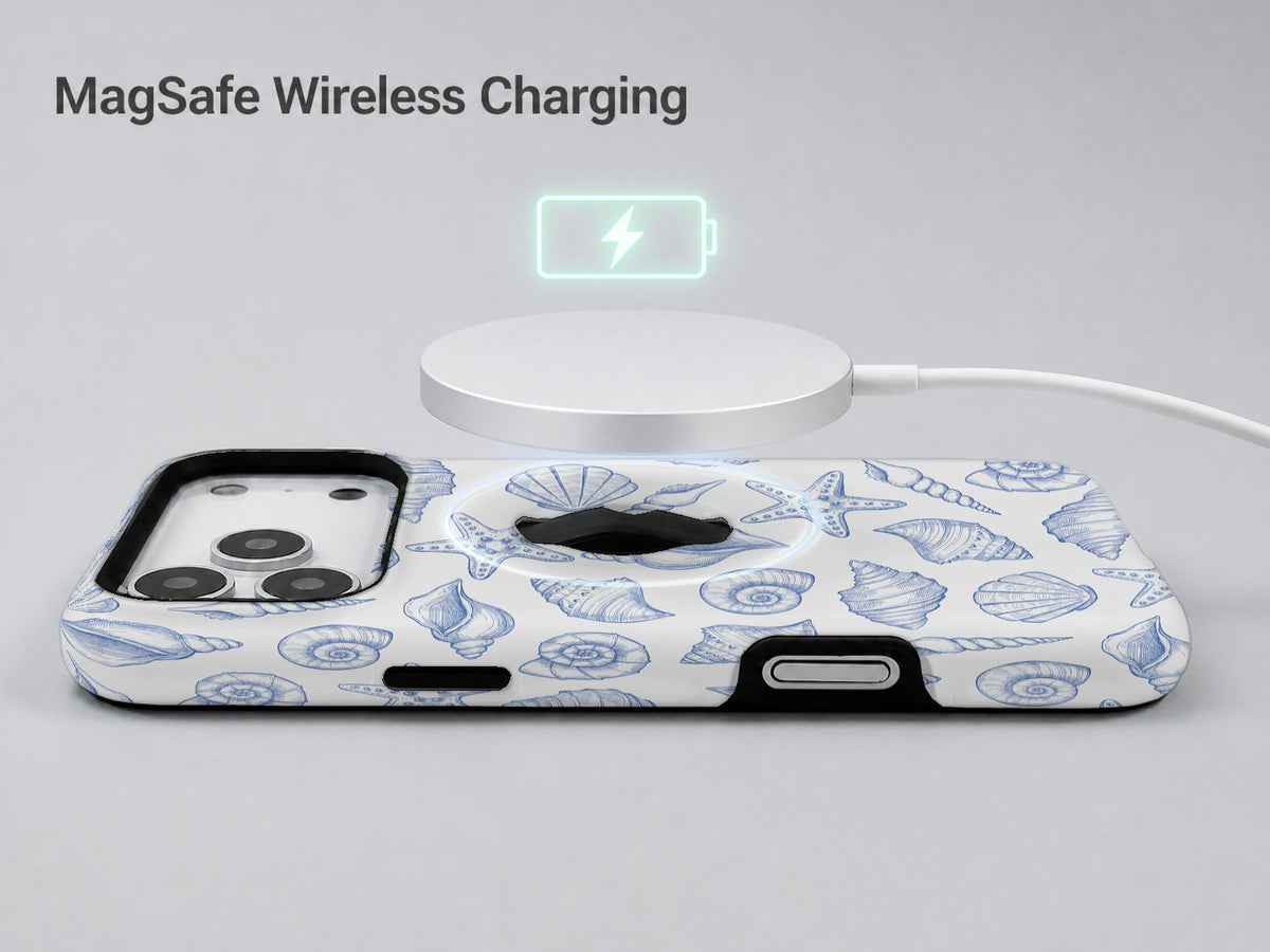 Blue Coastal Seashell MagSafe Loop iPhone Case shown with a MagSafe-compatible wireless charger attached