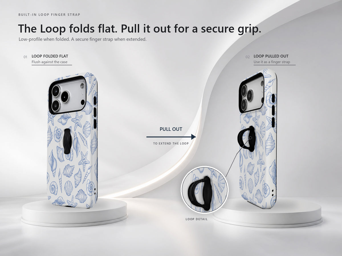 Blue Coastal Seashell MagSafe Loop iPhone Case side view showing the built-in finger loop