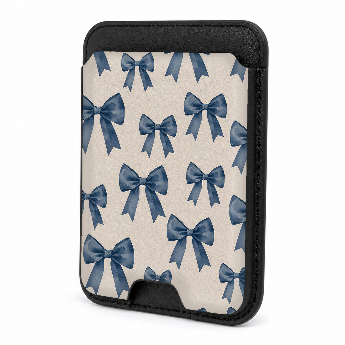 Front view of the Blue Coquette Bow MagSafe card holder on a white background