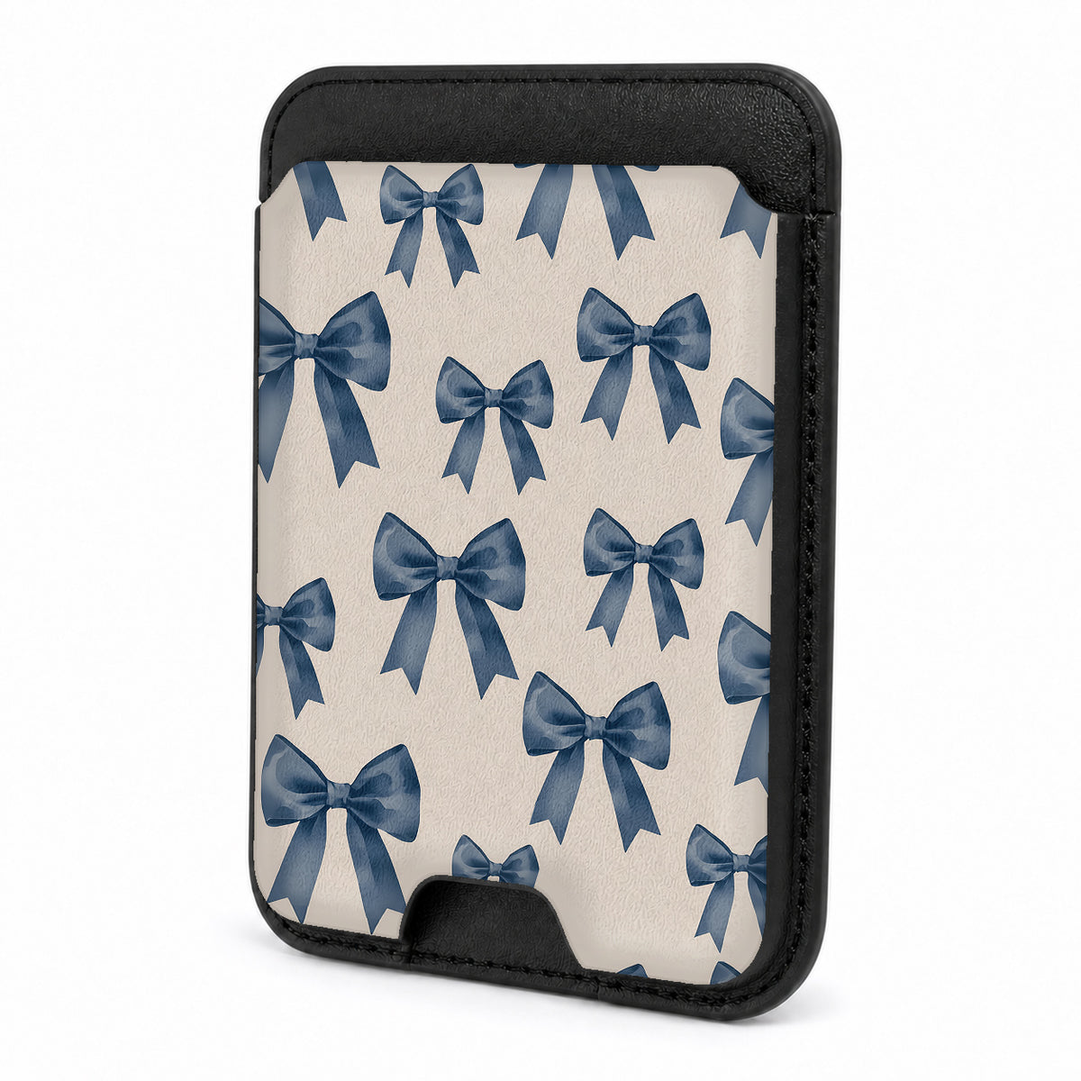 Front view of the Blue Coquette Bow MagSafe card holder on a white background