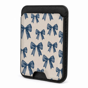 Front view of the Blue Coquette Bow MagSafe card holder on a white background