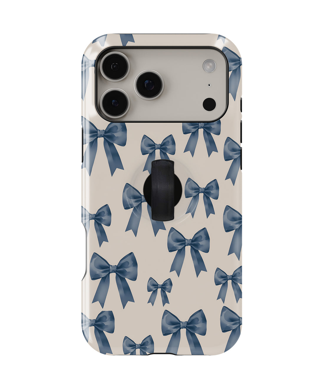 Blue Coquette Bow MagSafe Loop iPhone Case with built-in finger loop closed