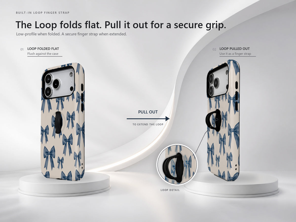 Blue Coquette Bow MagSafe Loop iPhone Case side view showing the built-in finger loop