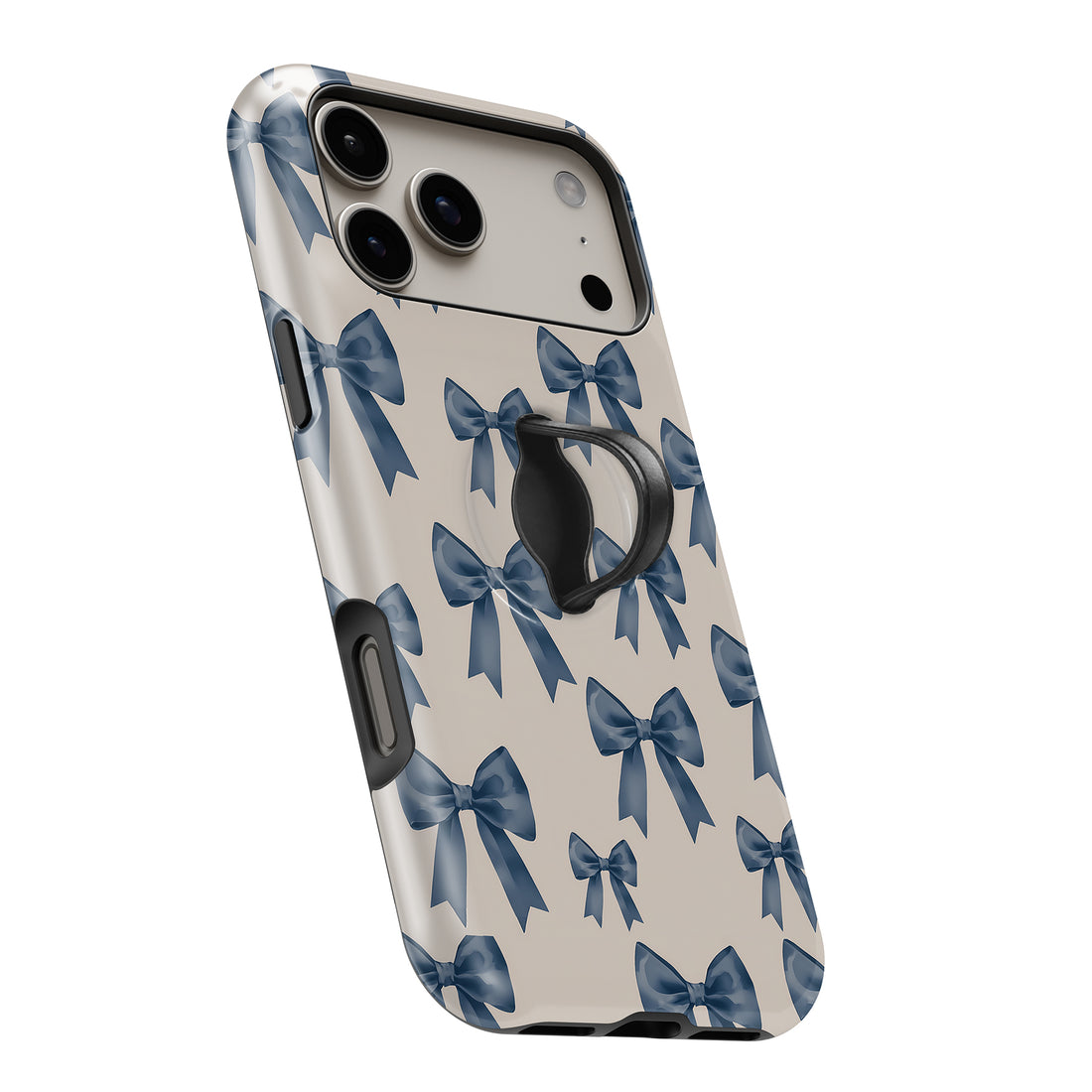 Blue Coquette Bow MagSafe Loop iPhone case with built-in finger loop open