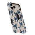 Blue Coquette Bow MagSafe Loop iPhone case with built-in finger loop open