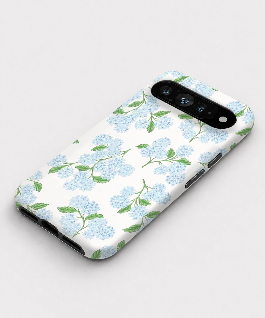 Blue Hydrangea Botanical Google Pixel case with botanical flowers and leaves