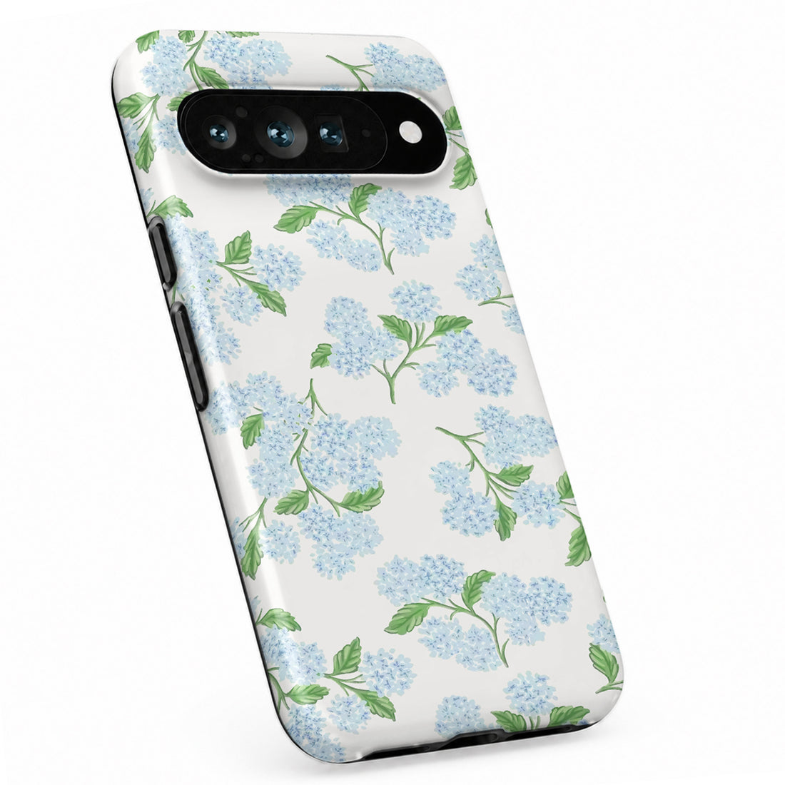 Blue Hydrangea Botanical Google Pixel case with botanical flowers and leaves