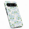 Blue Hydrangea Botanical Google Pixel case with botanical flowers and leaves
