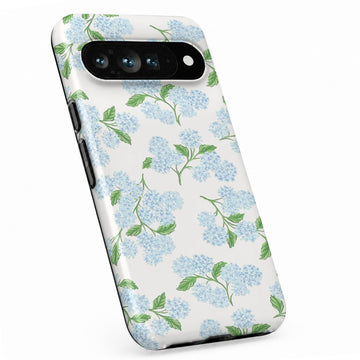 Blue Hydrangea Botanical Google Pixel case with botanical flowers and leaves