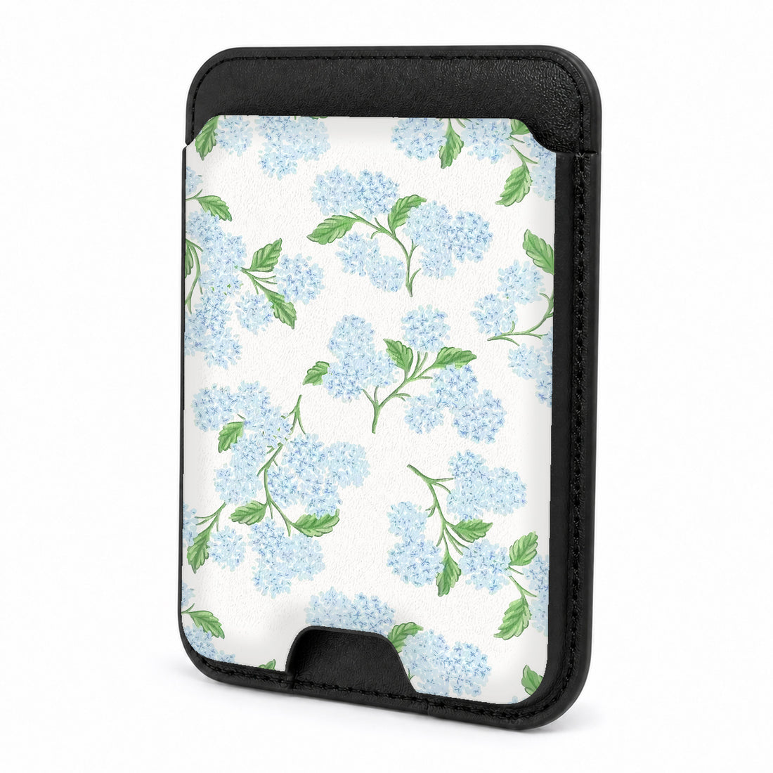 Front view of the Blue Hydrangea Botanical MagSafe card holder on a white background