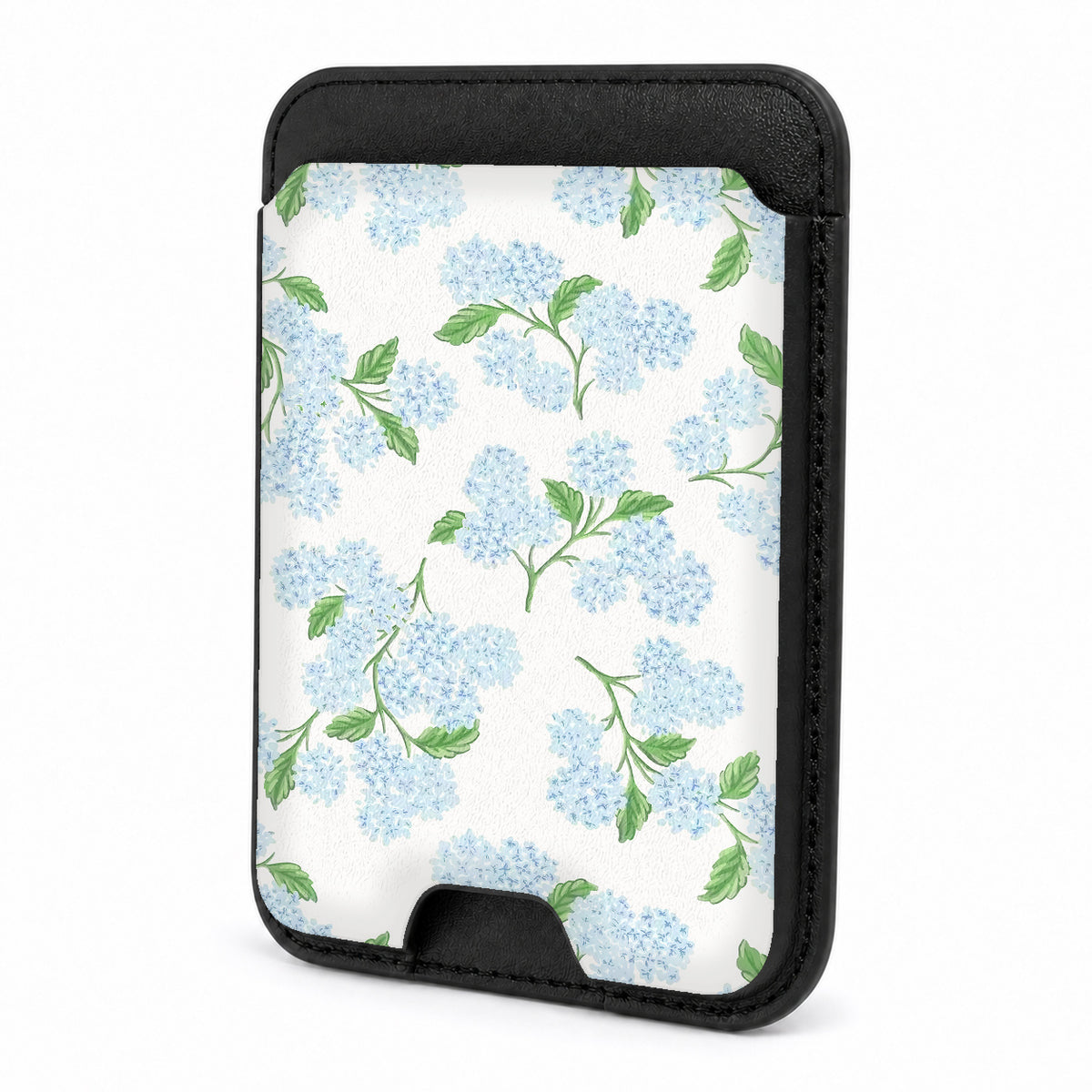 Front view of the Blue Hydrangea Botanical MagSafe card holder on a white background